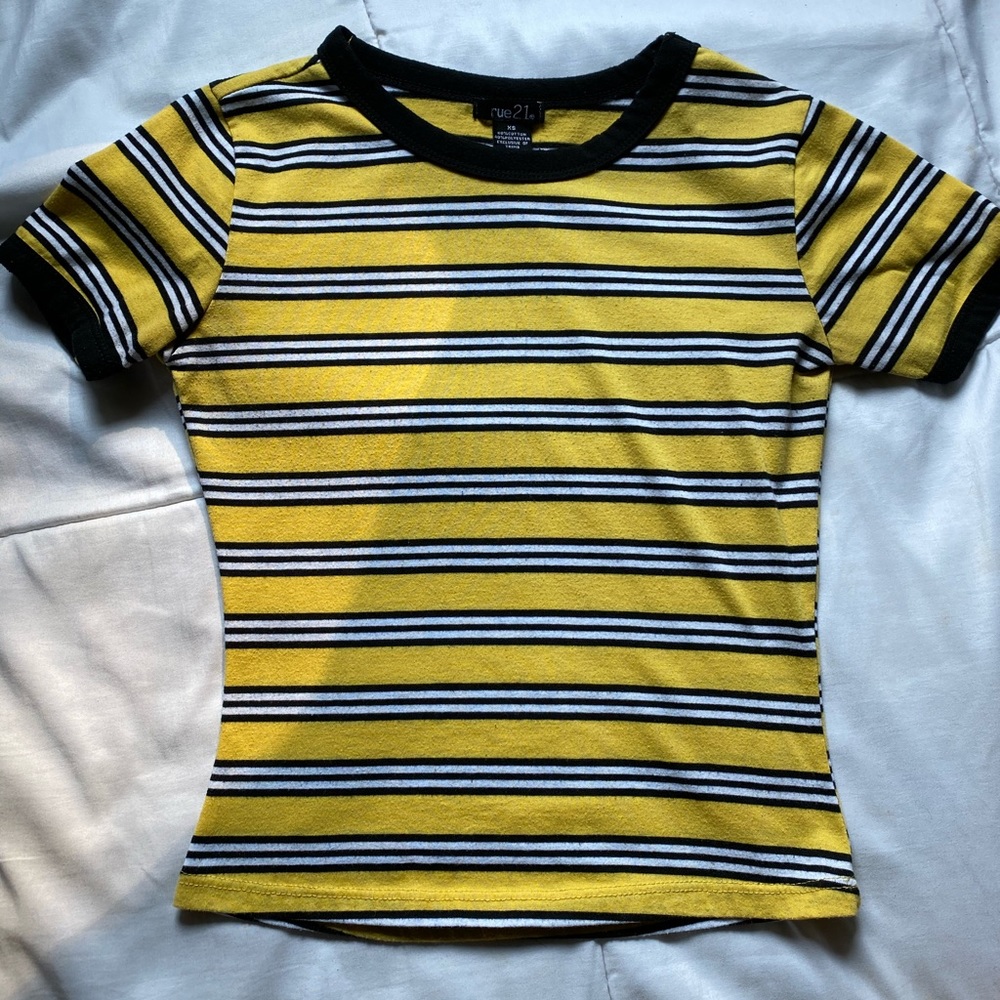 Yellow Crop Top with Black & White Stripes